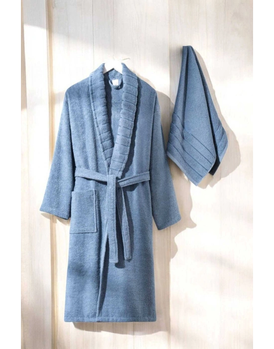 AquaLoom Lüx Erkek Bornoz ve Havlu Seti %100 Pamuklu Mavi