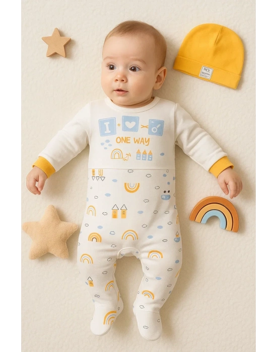 Araba Desenli Sarı 2li Şapkalı Erkek Bebek Tulumu