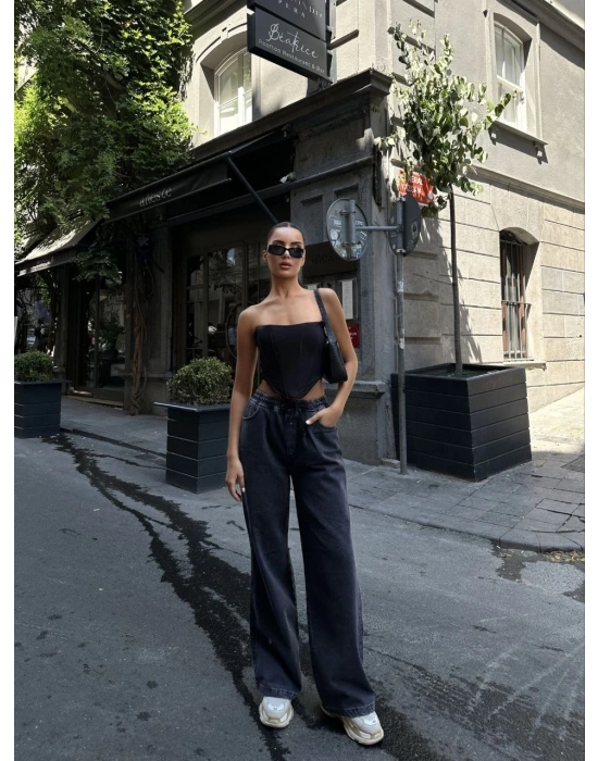 Arkadan Yırtmaçlı Jeans Kot Palazzo Pantolon - Siyah -