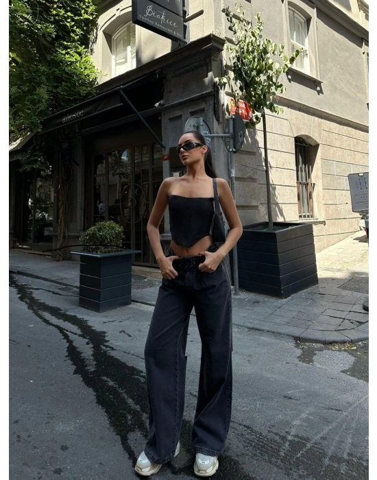 Arkadan Yırtmaçlı Jeans Kot Palazzo Pantolon - Siyah -