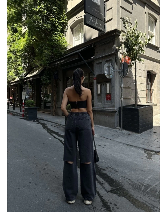 Arkadan Yırtmaçlı Jeans Kot Palazzo Pantolon - Siyah -