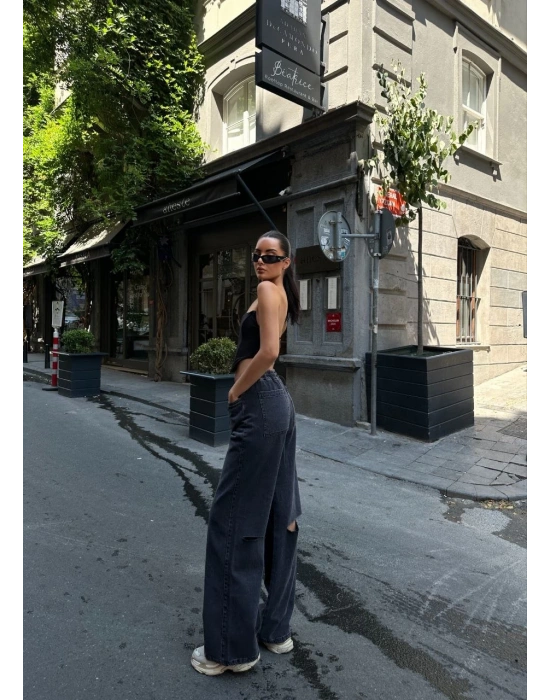 Arkadan Yırtmaçlı Jeans Kot Palazzo Pantolon - Siyah -