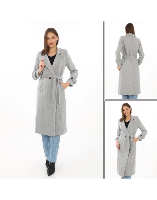Astarlı Balık Sırtı Kaşmir Kaşe Kaban - Gri -
