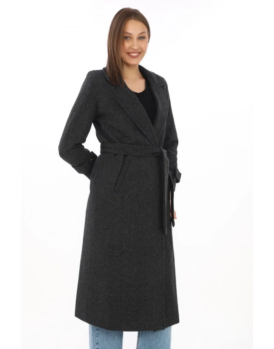 Astarlı Balık Sırtı Kaşmir Kaşe Kaban - Siyah -