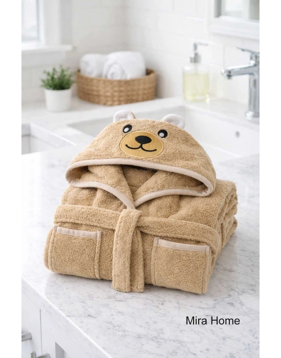 Ayıcık Figürlü Nakışlı Kapüşonlu Çocuk Bornozu