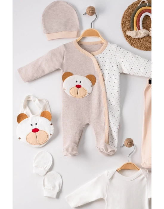 Ayıcık Nakışlı Tulumlu % 100 Pamuk Erkek Bebek 5li Set