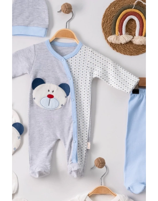 Ayıcık Nakışlı Tulumlu % 100 Pamuk Erkek Bebek 5li Set