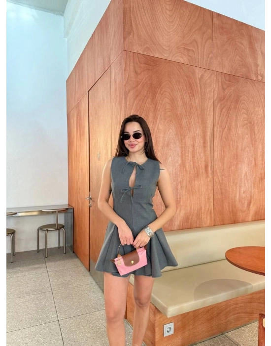 Bağcık detaylı Kolsuz Mini Elbise - Antrasit -