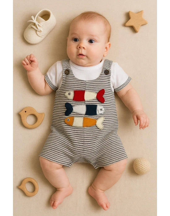 Balık Nakışlı Kısa Kollu Erkek Bebek Tulumu