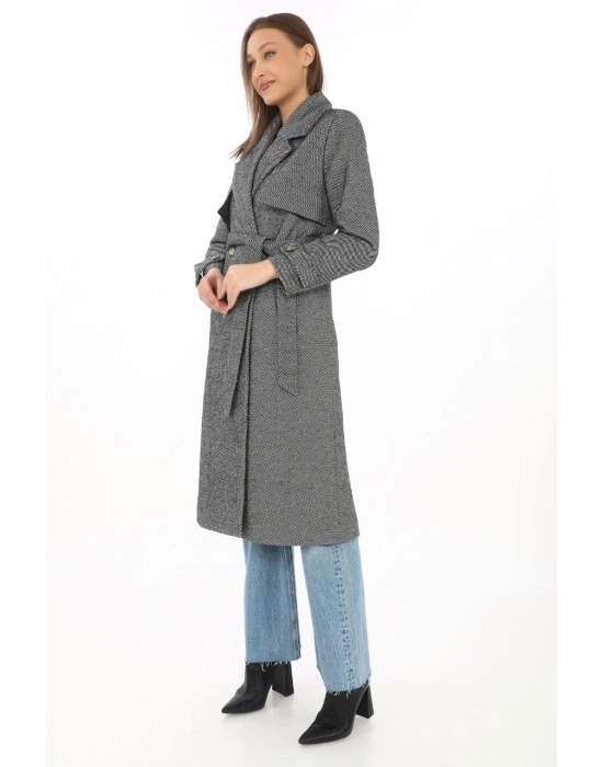 Balık Sırtı Kaşmir Uzun Kaşe Kaban - Boyalı Gri -
