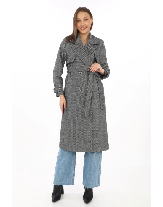 Balık Sırtı Kaşmir Uzun Kaşe Kaban - Boyalı Gri -