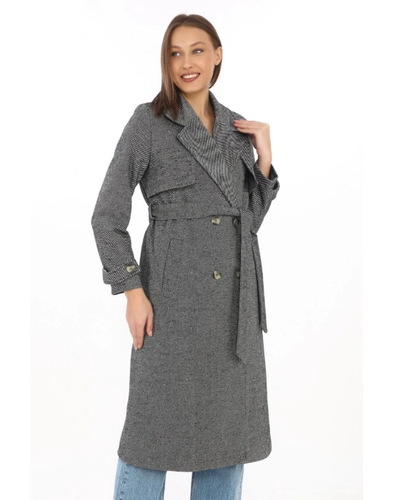 Balık Sırtı Kaşmir Uzun Kaşe Kaban - Boyalı Gri -