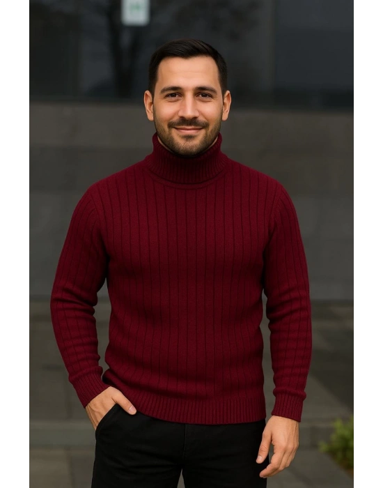 Balıkcı Yaka Bağazlı Triko Kazak Pamuklu Kalın Fitilli Dokuma, Regular - Bordo