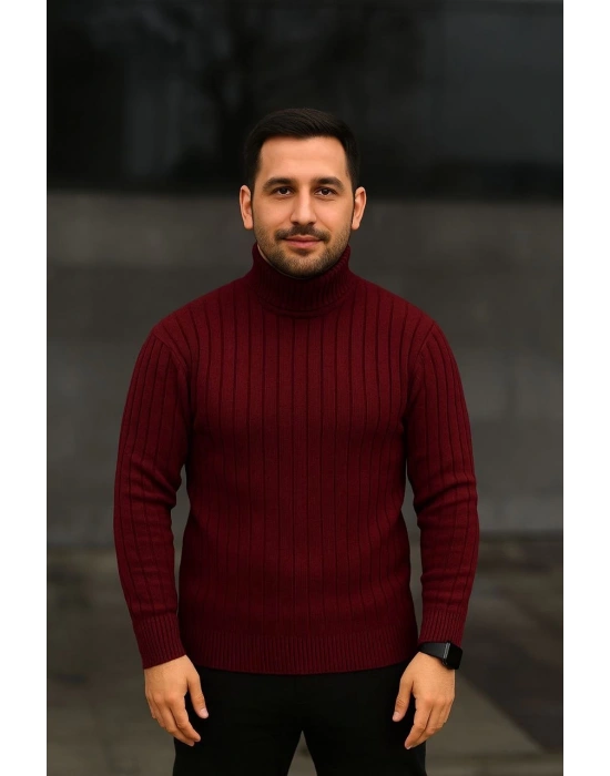 Balıkcı Yaka Bağazlı Triko Kazak Pamuklu Kalın Fitilli Dokuma, Regular - Bordo