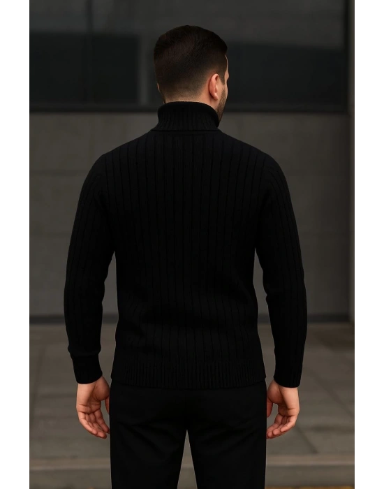 Balıkcı Yaka Bağazlı Triko Kazak Pamuklu Kalın Fitilli Dokuma, Regular- Siyah