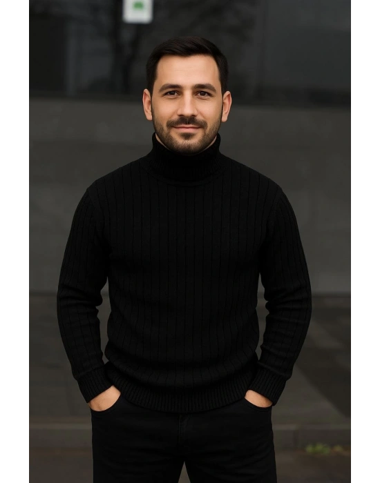 Balıkcı Yaka Bağazlı Triko Kazak Pamuklu Kalın Fitilli Dokuma, Regular- Siyah