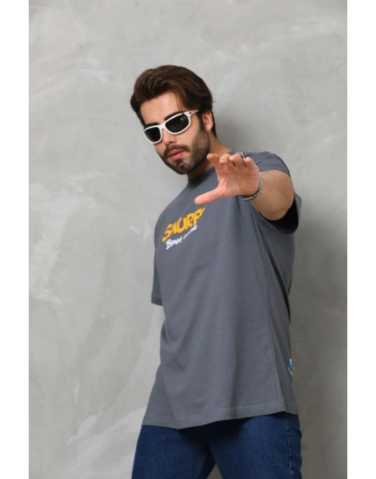 Basic Bisiklet Yaka Oversize T-Shirt - Füme -