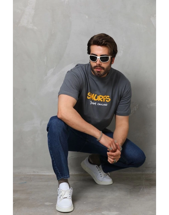 Basic Bisiklet Yaka Oversize T-Shirt - Füme -