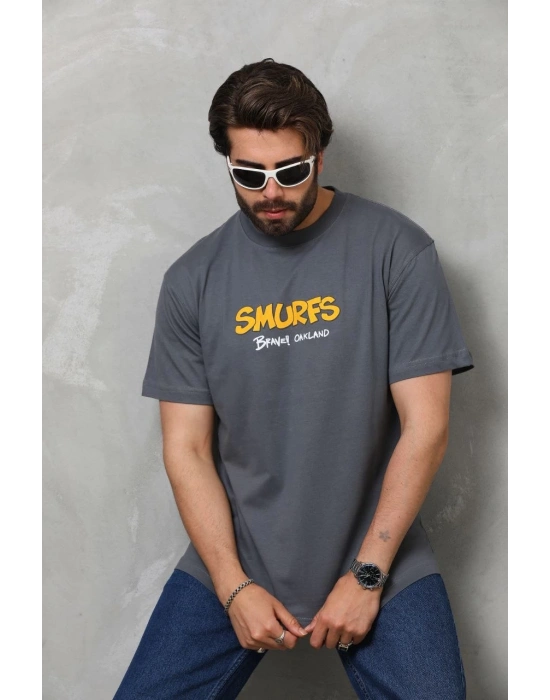 Basic Bisiklet Yaka Oversize T-Shirt - Füme -