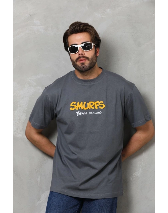 Basic Bisiklet Yaka Oversize T-Shirt - Füme -