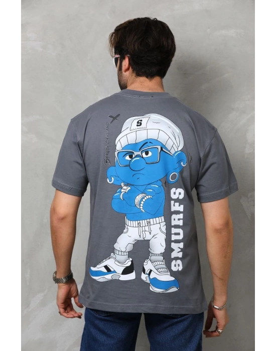 Basic Bisiklet Yaka Oversize T-Shirt - Füme -