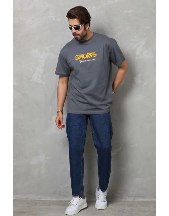 Basic Bisiklet Yaka Oversize T-Shirt - Füme -