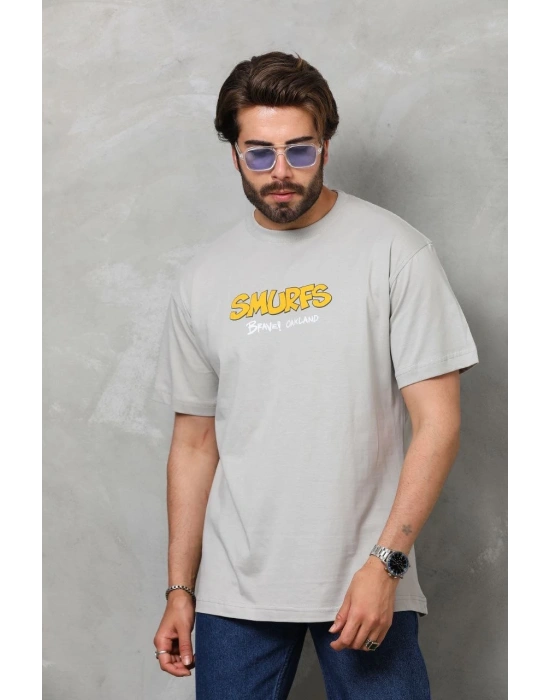 Basic Bisiklet Yaka Oversize T-Shirt - Gri -