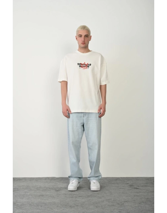 Baskılı Bisiklet Yaka Oversize T-Shirt - Beyaz -