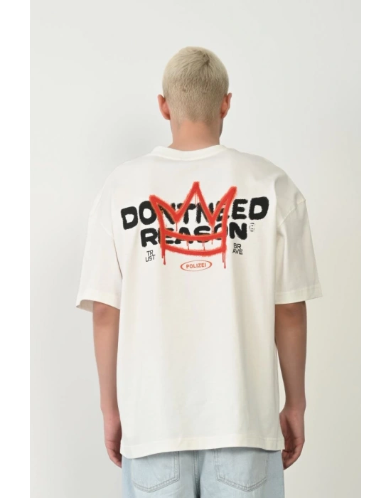 Baskılı Bisiklet Yaka Oversize T-Shirt - Beyaz -