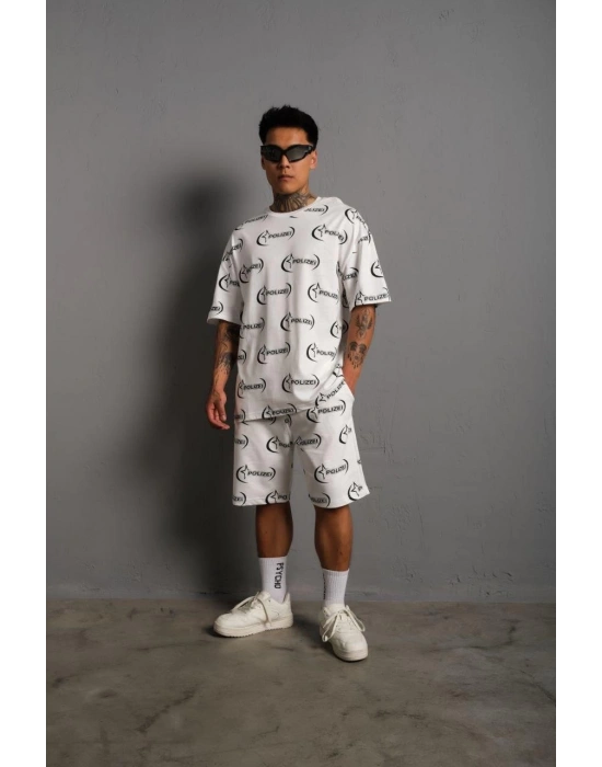 Baskılı İkili Şortlu Takım - Beyaz -