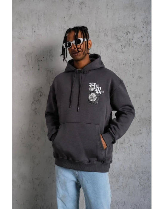 Baskılı Kapşonlu Sweat - Füme