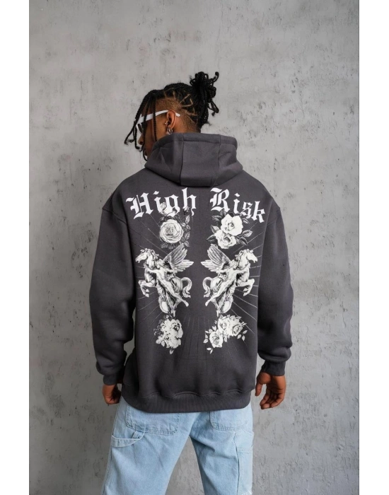 Baskılı Kapşonlu Sweat - Füme