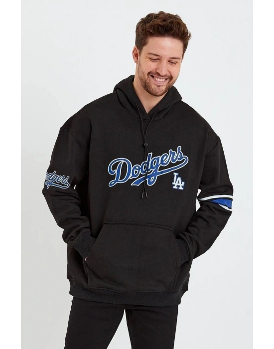 Baskılı Kapşonlu Üç iplik Oversize Sweatshirt - Siyah