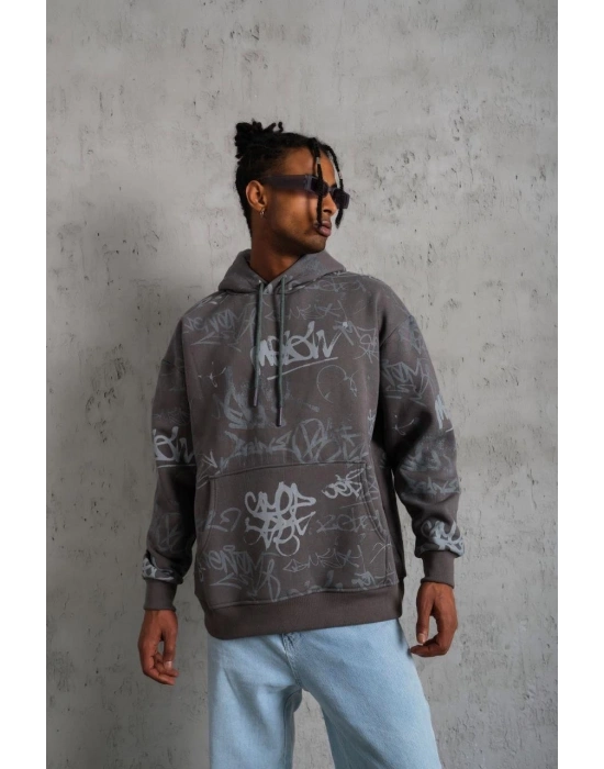 Baskılı Kapüşonlu Ribanalı Sweat - Gri