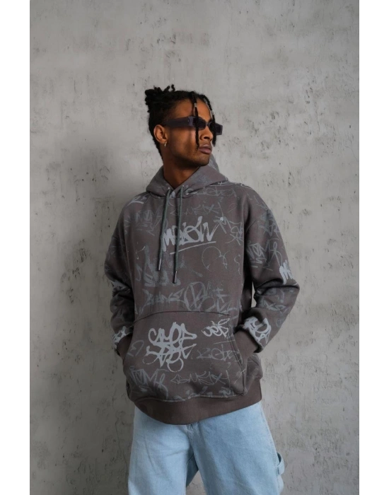 Baskılı Kapüşonlu Ribanalı Sweat - Gri