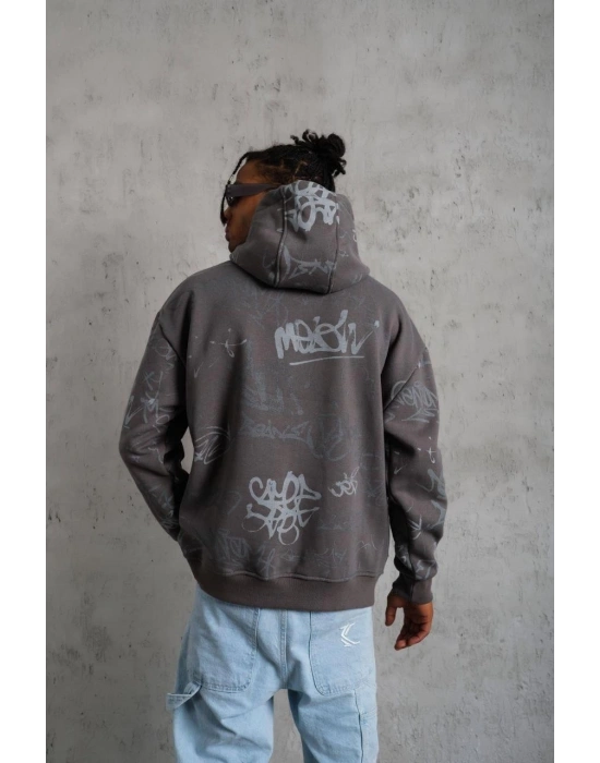 Baskılı Kapüşonlu Ribanalı Sweat - Gri