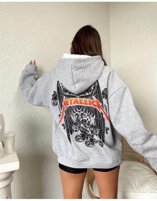 Baskılı Kapüşonlu Sweat - Gri -