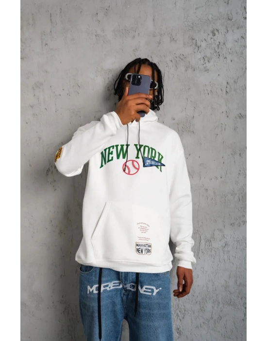 Baskılı Kapüşonlu Sweatshirt - Beyaz -