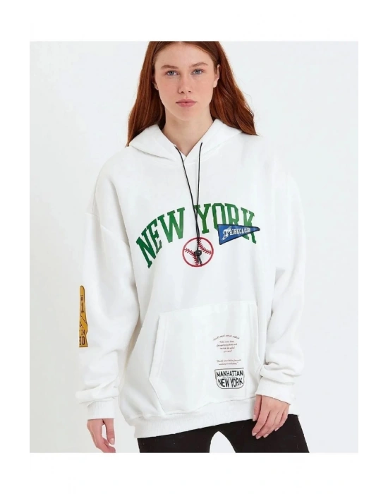 Baskılı Kapüşonlu Sweatshirt - Beyaz -