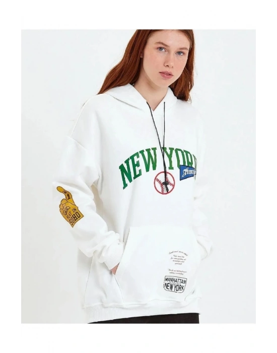 Baskılı Kapüşonlu Sweatshirt - Beyaz -