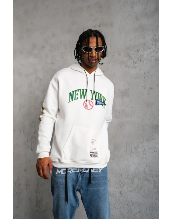Baskılı Kapüşonlu Sweatshirt - Beyaz -