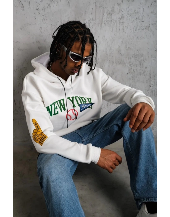 Baskılı Kapüşonlu Sweatshirt - Beyaz -