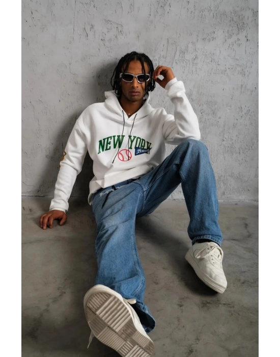 Baskılı Kapüşonlu Sweatshirt - Beyaz -