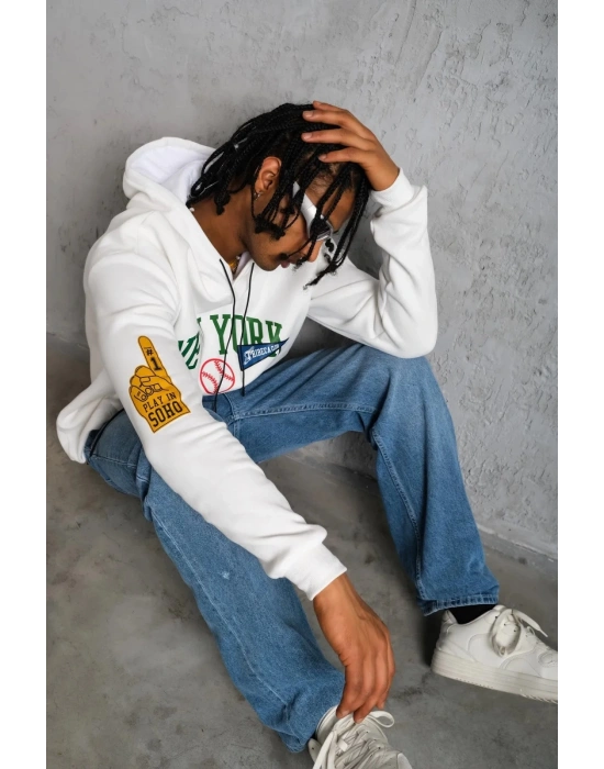 Baskılı Kapüşonlu Sweatshirt - Beyaz -