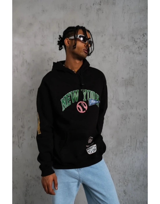 Baskılı Kapüşonlu Sweatshirt - Siyah -