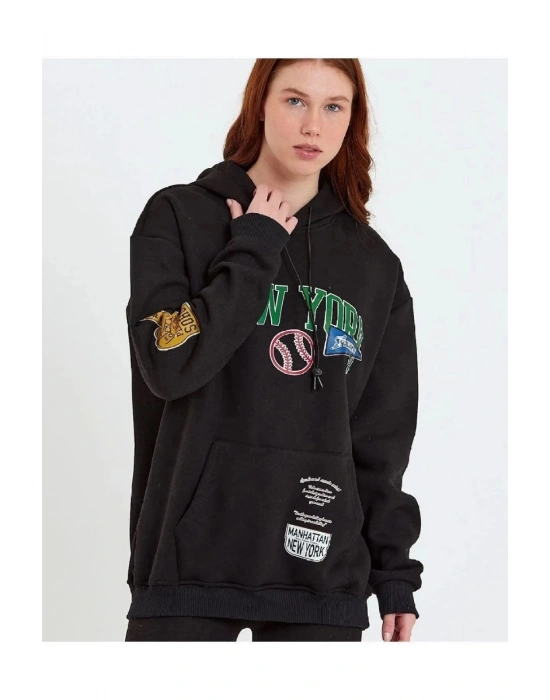 Baskılı Kapüşonlu Sweatshirt - Siyah -