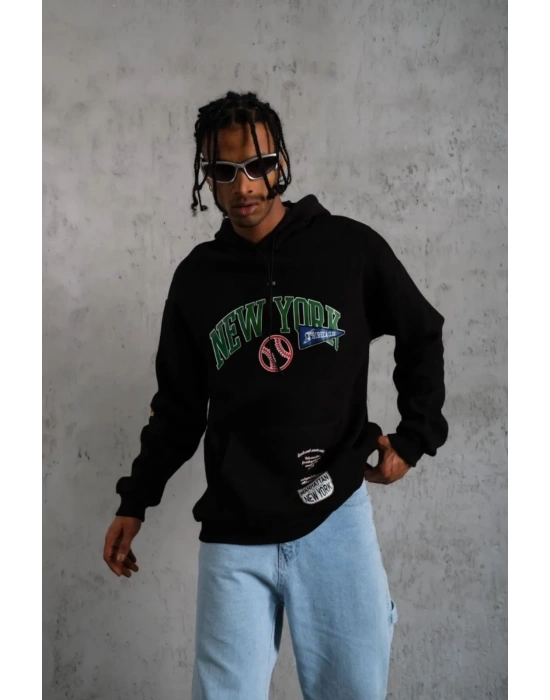 Baskılı Kapüşonlu Sweatshirt - Siyah -