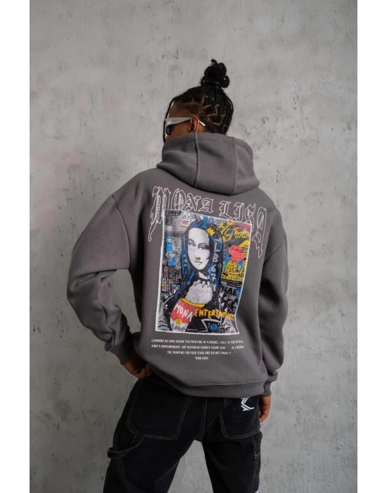 Baskılı Kapüşonlu ve Kanguru Cepli Sweat- Gri