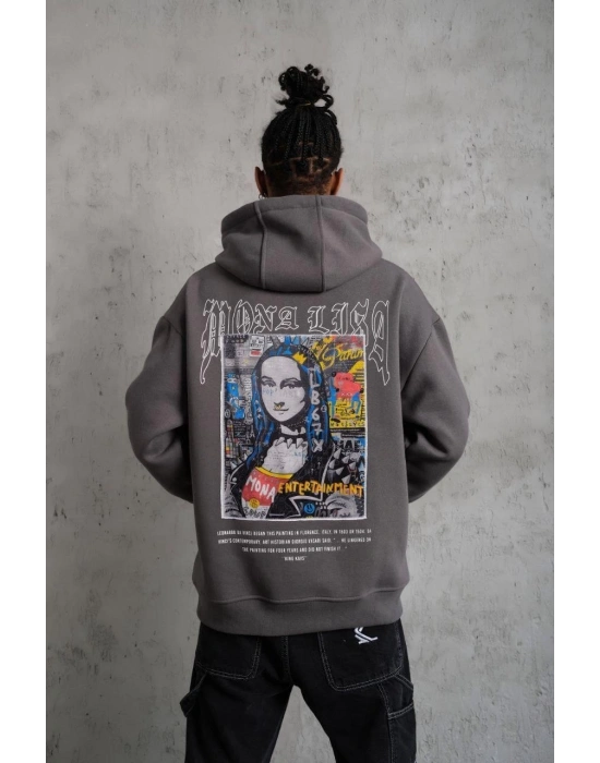 Baskılı Kapüşonlu ve Kanguru Cepli Sweat- Gri