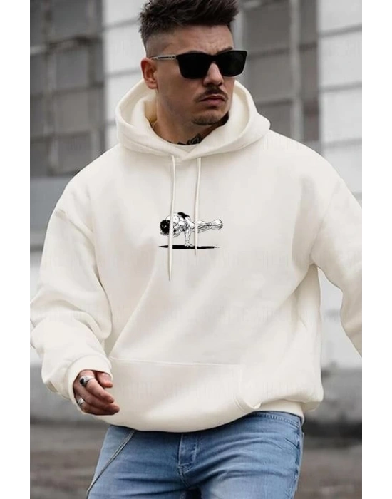 Baskılı Kapüşonlu ve Kordon İpli Sweat - Beyaz -